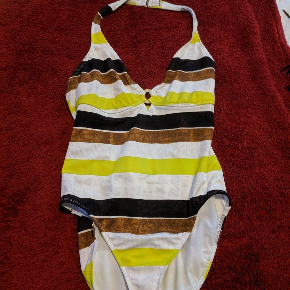 One piece Leilani lime and brown bathing suit